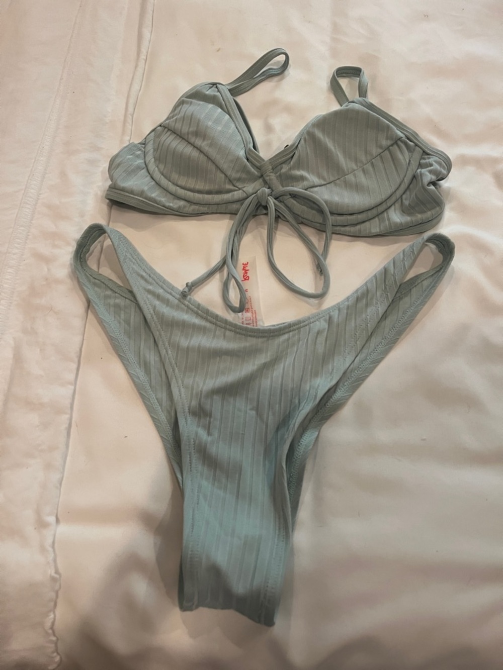 Women's Light Sage Ribbed Bikini Set - Sleek Tie-Front Top & High-Cut Bottoms